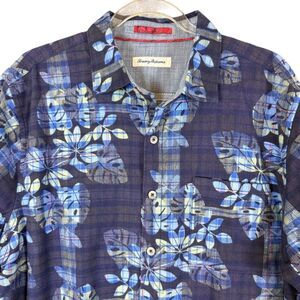 Tommy Bahama Mens Jingle Plaid Rock Flannel Shirt L/S Button Navy Blue Floral, L